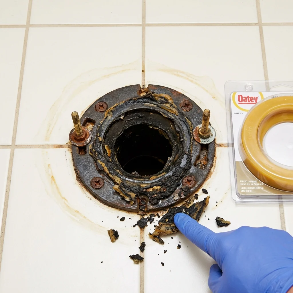 Failed wax ring showing water seepage at the base of a toilet in a Williamstown, MA home