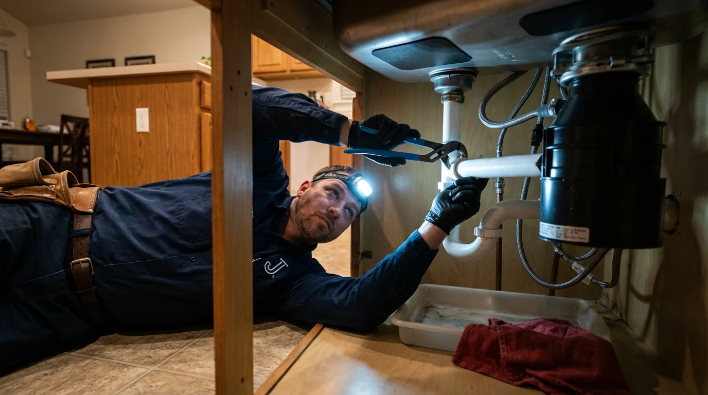 P-trap and supply line connections under a kitchen sink showing a common leak point in Williamstown, MA